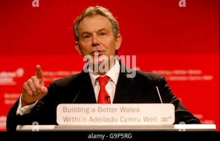 Britain's Prime Minister Tony Blair addresses the Welsh Labour Party Conference in Llandudno, North Wales. Stock Photo