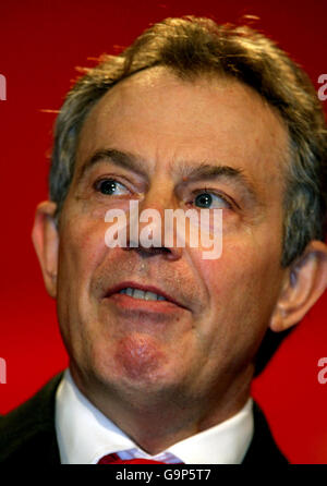 Britain's Prime Minister Tony Blair addresses the Welsh Labour Party Conference in Llandudno, North Wales. Stock Photo