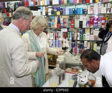 The Duchess of Cornwall (second left) and the Prince of Wales (left) visit a traditional market in Doha, Qatar, during their tour of the middle east. Stock Photo