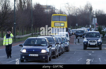 Luas tram collision. Traffic congestion at the scene of a crash between a Luas tram and a Lorry on Suir Road, Dublin. Stock Photo