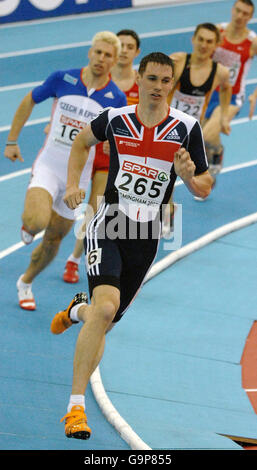 Great Britain's Robert Tobin leads his 400m heat during the European Athletics Indoor Championships at the National Indoor Arena, Birmingham. Stock Photo