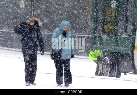 Blizzard conditions hit Buxton in the Peak District today as snowfalls cause havoc in many parts of the UK. Stock Photo