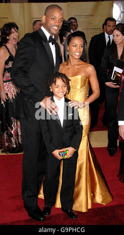 Will Smith with wife Jada Pinkett Smith and son Jaden, arrive for the 79th Academy Awards (Oscars) at the Kodak Theatre, Los Angeles. Stock Photo