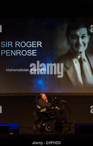 Professor Stephen Hawking speaking at the Starmus Festival 2016 in the Piramide de Arona, Las Americas, Tenerife, Canary Islands Stock Photo