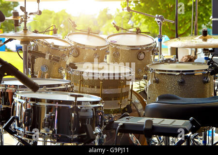 Acoustic drum set on stage before the concert Stock Photo