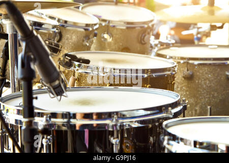 Acoustic drum set on stage before the concert Stock Photo