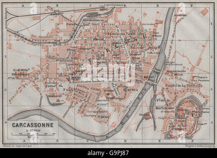 CARCASSONNE town city plan de la ville. Aude. Ville Basse & Cité carte, 1907 map Stock Photo