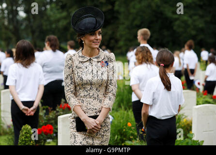 The Duchess of Cambridge during a service to mark the 100th anniversary of the start of the battle of the Somme at the Commonwealth War Graves Commission Memorial in Thiepval, France, where 70,000 British and Commonwealth soldiers with no known grave are commemorated. Stock Photo
