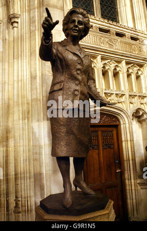 A bronze statue of former British Prime Minister Baroness Margaret Thatcher, unveiled by Baroness Thatcher herself, is seen inside the Palace of Westminster, London. Stock Photo