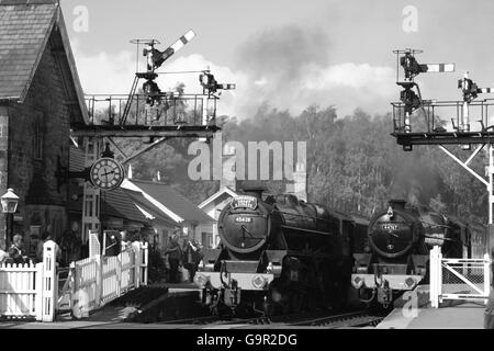 Black 5s 45428 and 44767 side by side at Grosmont NYMR with trains for Pickering Stock Photo