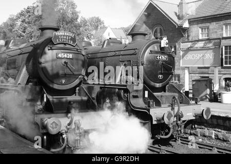 Black 5s 45428 and 44767 mark time at Grosmont with southbound departures Stock Photo