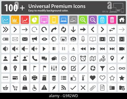 Set of 100+ Universal Premium Icons. Easy to modify the background color. Media Icons, Web Icons, Arrow Icons, Settings Icon, Sh Stock Vector