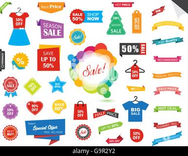 This image is a vector file representing a Sale Label Tag Sticker Banner collection set. Stock Vector
