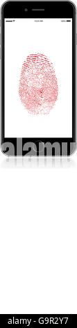 Vector detailed smartphone mockup with security fingerprint on screen. Stock Vector
