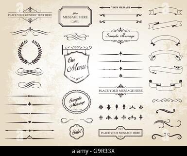 This image is a vector set that contains calligraphic elements, borders, page dividers, page decoration and ornaments. Stock Vector