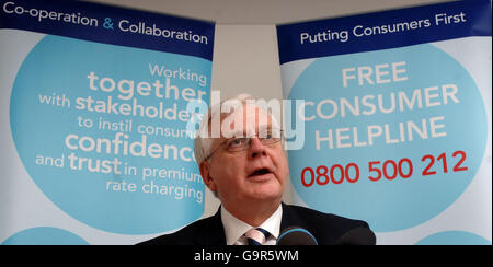 Sir Alistair Graham, chairman of premium-rate phone regulator Icstis, speaks at a news conference in central London. Stock Photo