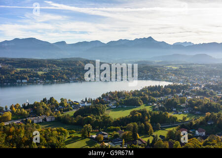 view from Hohes Kreuz to lake Wörthersee, Velden, mountain Karawanken, Velden am Wörther See, Austria, Kärnten, Carinthia, Stock Photo