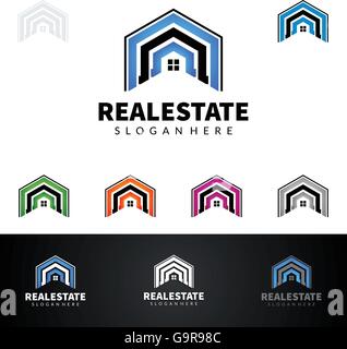 real estate vector logo design, abstract building with line shape represented strong and modern real estate logo design Stock Vector