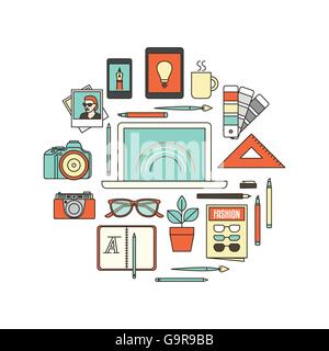 Graphic designer, photographer and illustrator tools, thin line objects in a circular shape on white background Stock Vector