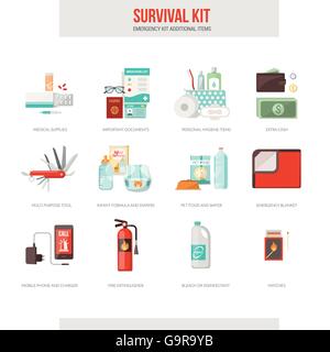 Survival emergency kit for evacuation, vector objects set on white background Stock Vector