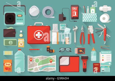 Survival emergency kit for evacuation, vector objects set on white background Stock Vector