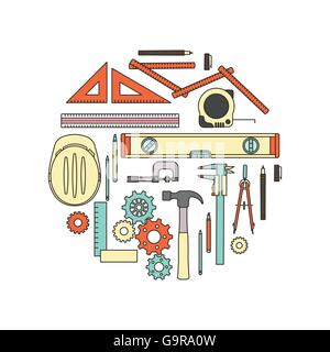 Engineer work tools and equipment, thin line objects in a circular shape on white background Stock Vector