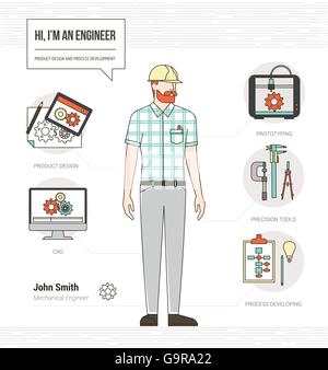 Professional mechanical engineer infographic skills resume with tools, equipment and icons set Stock Vector