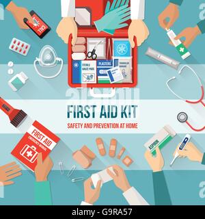 First aid kit with medications and emergency equipment and medical team hands Stock Vector