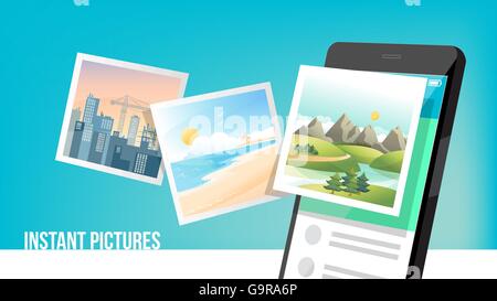 Instant pictures concept flying out fomr a mobile smart phone with camera Stock Vector