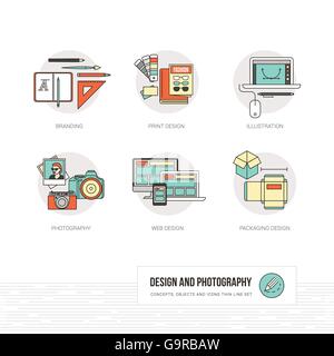 Photography, illustration, graphic and web design concepts, thin line icons and objects set Stock Vector