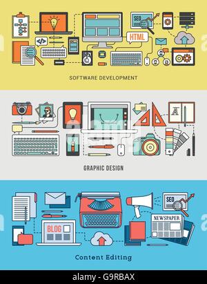 Development, design, marketing and content editing banner set with computer networks and work tools Stock Vector