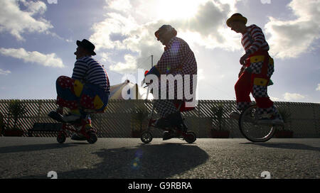 Clowns arrive at Butlins in Bognor Regis, West Sussex, today where clowns from across Britain and Europe are converging for their annual three day Clown Convention. Stock Photo