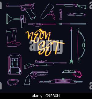 Collection of weapons for hunting in neon style Stock Vector