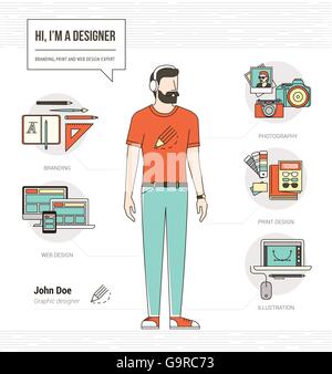 Professional graphic designer, photographer and illustrator infographic skills resume with tools and icons Stock Vector