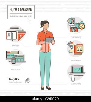 Professional graphic designer, photographer and illustrator infographic skills resume with tools and icons Stock Vector