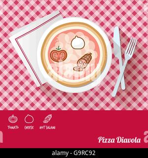 Pizza diavola on a dish with icon ingredients and recipe name at bottom Stock Vector