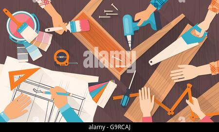 Team of workers using DIY tools and working on a carpentry project Stock Vector