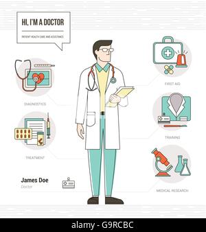 Professional doctor infographic skills resume with tools, medical equipment and icons set Stock Vector