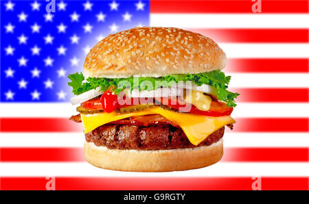 Juicy grilled hamburger with bacon and cheese on USA flag background Stock Photo