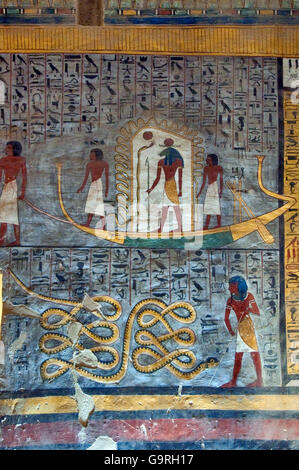 Mural painting, solar barge, tomb of Ramses I, tomb number KV 16, grave, Valley of Kings, West-Thebes, Luxor, Egypt Stock Photo