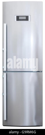 modern two-chamber stainless-steel refrigerator isolated on white front view Stock Photo