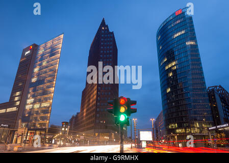 Berlins Potsdamer Platz at Night, view modern Skyscrapers against a dark blue sky, Stock Photo