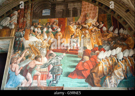 painting Coronation of Charlemagne by Raphael, fresco Room of Fire in the Borgo,  Fresco,  Fresko, Raphael's rooms, Apostolic Palace, Vatican Museums, Vatican city, Rome, Latium, Lazio, Italy, Europe / Vatican Stock Photo