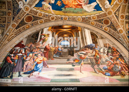 Fresco Expulsion of Heliodorus by Raphael, Room of Heliodorus, Raphael rooms, Apostolic Palace, Vatican Museums, Vatican city, Rome, Latium, Lazio, Italy, Europe / Vatican Stock Photo