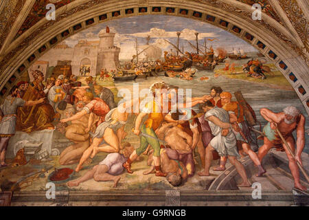 painting Battle of Ostia, by Raphael, fresco, Room of the Fire in the Borgo, Fresco, Fresko, Raphael's rooms, Apostolic Palace, Vatican Museums, Vatican city, Rome, Latium, Lazio, Italy, Europe / Vatican Stock Photo