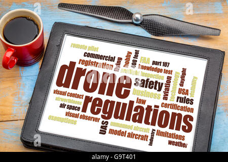 drone regulations (USA, FAA related) word cloud on a digital tablet with a cup of coffee Stock Photo