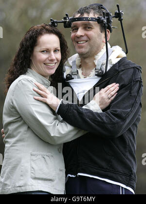 Hero train driver Iain Black with partner Janice Duff, 29, in Dumbarton, where he spoke about the train crash he was involved in. Stock Photo