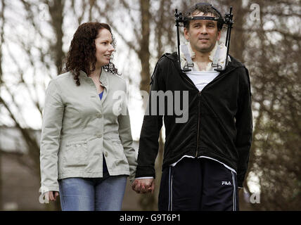 Hero train driver Iain Black with partner Janice Duff, 29, in Dumbarton, after he spoke about the train crash he was involved in. Stock Photo