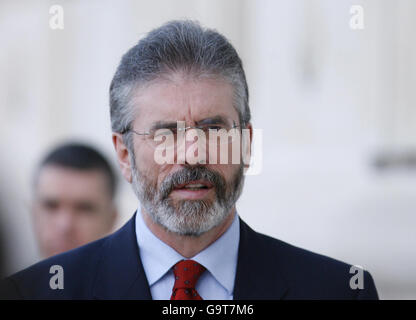 Sinn Fein president Gerry Adams arrives at the Stormont Assembly building in Belfast. Stock Photo