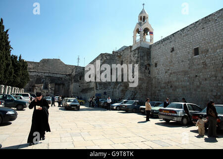 The exterior of the church of the Nativity - the birthplace of Christ - in Bethlehem. Stock Photo